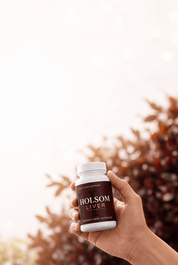 Holsom liver support bottle resting among fresh botanicals